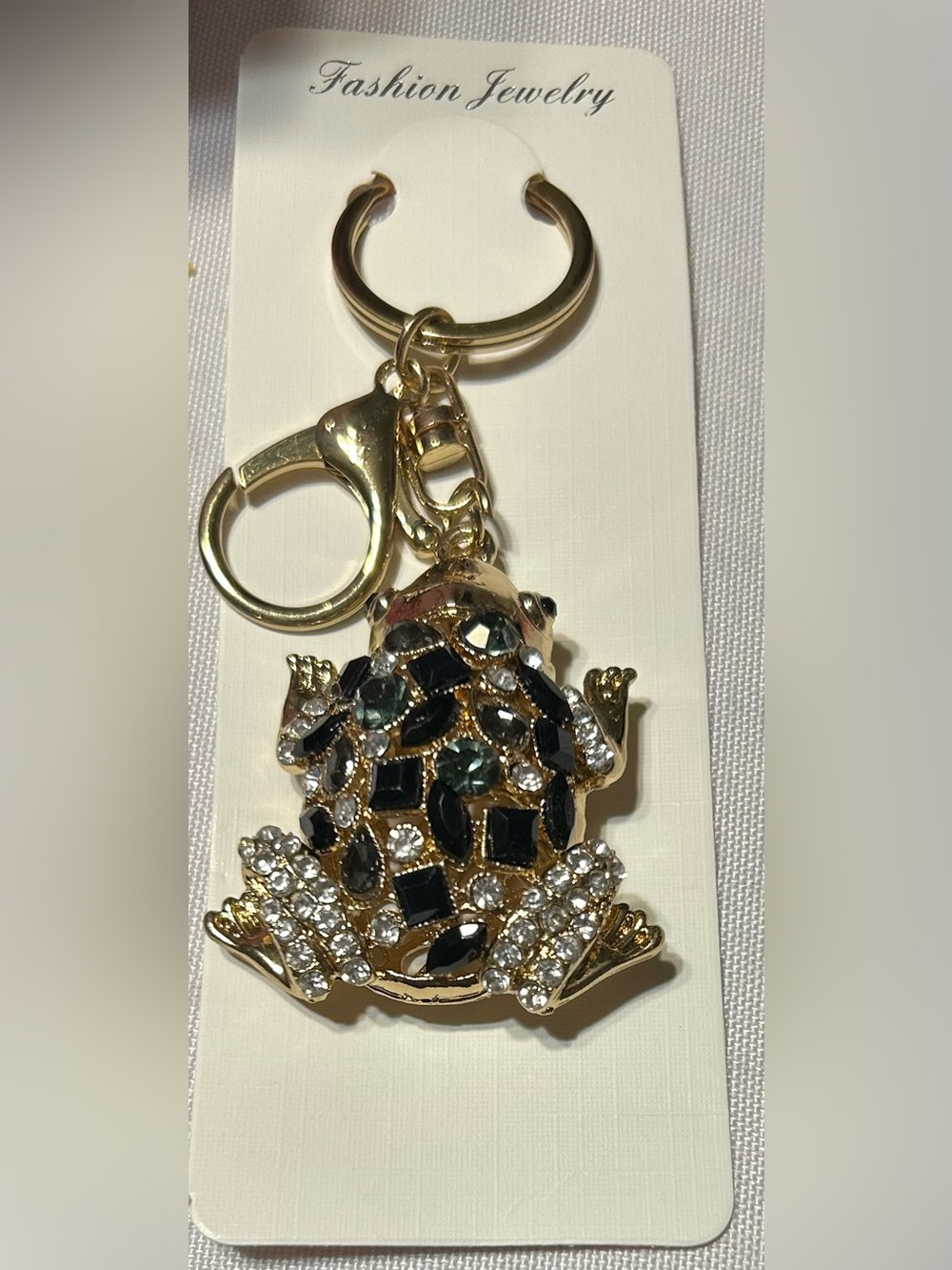Gold Frog Crystal Keychain/Bag Charm - Black & Clear Accent